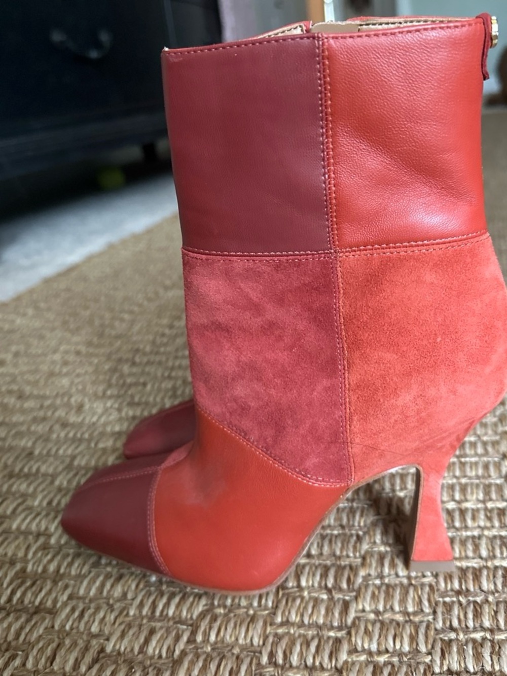 Sam Edelman Red Leather & Suede Patchwork Ankle Booties